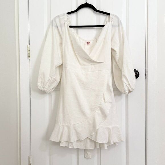 Women Showpo Cant Move On Off Shoulder Mini Linen Blend Dress in White Size 12 - Picture 2 of 12